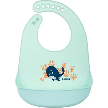 Bryndák Nastavitelný dětský silikonový bryndák s kapsičkou Akuku velryba mátový