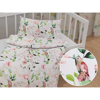 Povlečení Dětské bavlněné povlečení do postýlky Sandra SA-432 Ptáci mezi květy Do postýlky 90x140 a 50x70 cm
