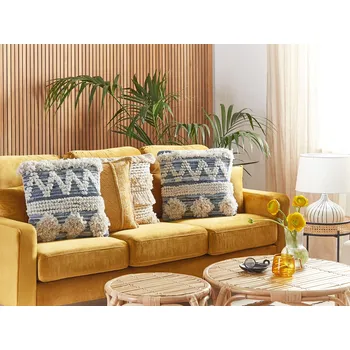 Polštář Sada 2 polštářů béžová a modrá bavlna 45 x 45 cm geometrický vzor ručně tkané snímatelné potahy s výplní boho styl Beliani