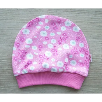 Kojenecká čepice AMÁLKA Dívčí bavlněná čepička fuchsiová, květinky Velikost: 74-80