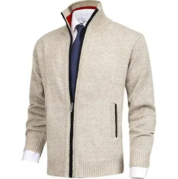 Pánský svetr Pánský pletený cardigan na zip Barva: Khaki, Velikost: S