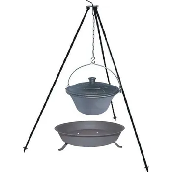 Kempingové nádobí Trojnožka 1,25 m + litinový kotlík s poklicí 10,5 litru a ohniště (trojnožka 1,25 m, gulášový litinový kotlík 10,5 litrů s poklicí a ohniště - pro vaření v přírodě)