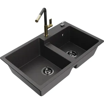 Mexen Tomas 2miskový granit dřez s kuchyňskou baterií Flora, černá 6516-76-670401-75-B
