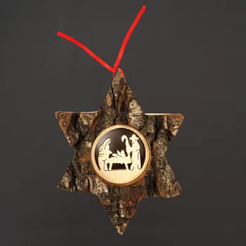 Vánoční dekorace AMADEA Dřevěná hvězda s kůrou a vkladem - betlém 13 cm