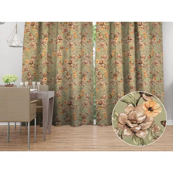 ubrus Bavlněný závěs Sandra SA-472 Hnědé květy magnolie na zeleném 150x200 cm