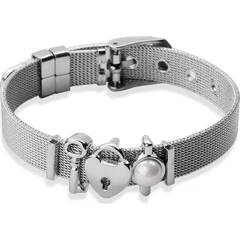 Náramek Ocelový náramek ve stříbrné barvě se srdíčkovým zámkem, síťovaný řemínek