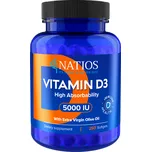NATIOS Vitamin D3, Vysoce vstřebatelný, 5000 IU, (zdravé zuby, kosti, imunita) 250 softgel kapslí (s olivovým olejem)