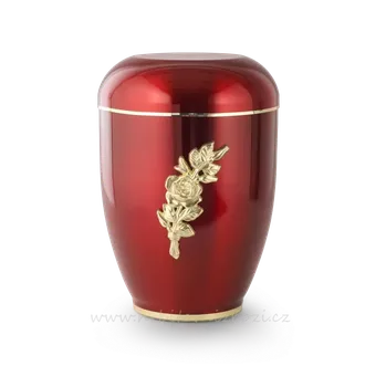 Smuteční dekorace Urna měděná červená se zlatou růží