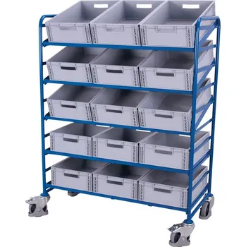 Plošinový vozík Regálový vozík na přepravky VARIOfit,5 polic z kovových rámů s přepravkami, ložná plocha 1240x610 mm