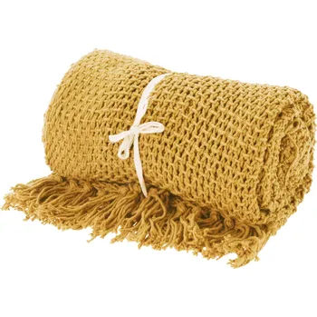 Přehoz na lůžko H&L Pletený pléd/přehoz s třásněmi, 130x170cm, žlutá