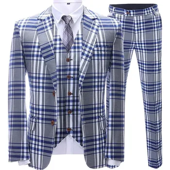 Pánský oblek Formální pánský oblek 3v1 s kostkovaným vzorem Barva: Modrá, Velikost: M