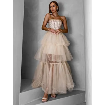 Dámské šaty Krémové dlouhé tylové šaty FREDOX s volánem Velikost: M/L