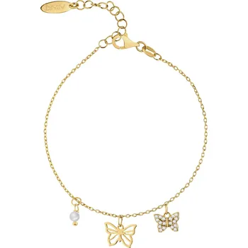 Náramek Pozlacený stříbrný náramek s perlou a zirkony - motýli - AP538-4037