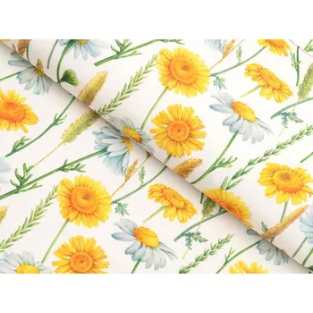 Dekorační látka PML-104 Bílé a žluté kopretiny na bílém - šířka 150 cm