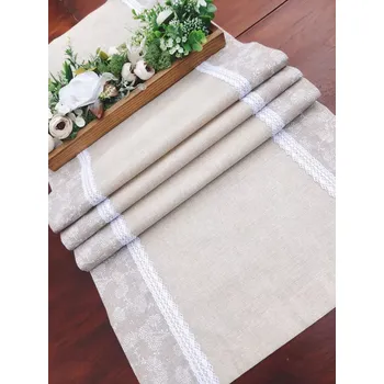 ubrus Běhoun - béžová v režném efektu lemovaná bílými bylinkami na režné