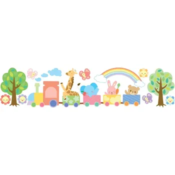 Samolepící dekorace Samolepka dětská VLÁČEK 09, samolepky na zdi vláček se zvířátky pastel 130x30