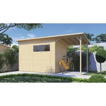 Zahradní domek Dřevěný zahradní domek Bertilo Fineline Modern 4 Plus přírodní 470 x 202 cm vč. přístřešku