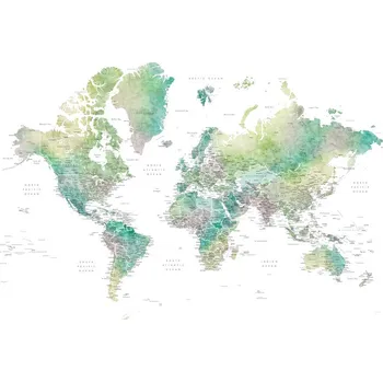 Plakát Plakát, Obraz - Watercolor world map with cities in muted green, Oriole, Blursbyai