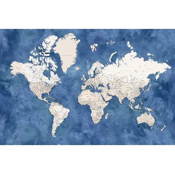 Plakát Plakát, Obraz - Blue and beige watercolor detailed world map, Blursbyai
