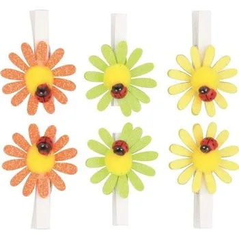 Vánoční dekorace Kytičky s glitry a beruškou na kolíčku 5 cm, 6 ks v sáčku