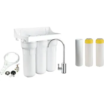Ochranný vodní filtr Trojitý filtr 10" 1 mik.+dusičnany+zvýšení pH,Mg,Ca Sada na připojení pod kuchyňskou linku: Bez sady