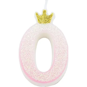 Dortová svíčka Svíčka číslo 0 růžová s korunkou a glitrem 9,5 cm gi50680