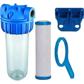 Ochranný vodní filtr Průhledná nádoba filtru 10"x2,5" s filtrační vložkou s aktivním uhlím včetně držáku a klíče Připojení: 3/4"