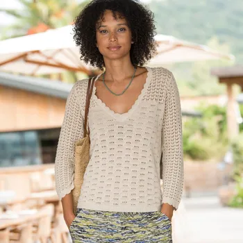 Dámský svetr Ažurový pulovr s výstřihem do V režná 38/40