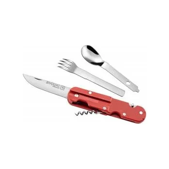 kapesní nůž BIVOUAC CAMP KNIFE RED HANDLE - TEXTILE POUCH - FORK and SPOON