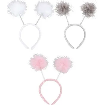 Čelenka s chlupatými koulemi růžová, šedá, bílá 23 x 6 x 23 cm