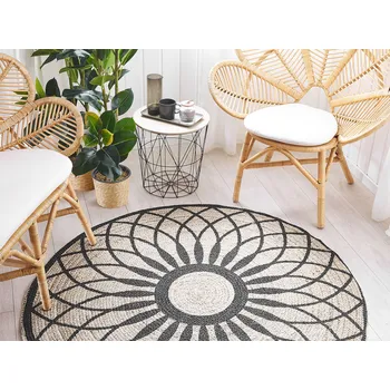 Koberec Koberec jutový béžovo černý kulatý 140 cm s potiskem mandaly boho rustikální styl Beliani