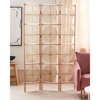 Paraván Paraván přírodní ratanový mahagonový rám skládací se 3 ozdobnými panely dekorativní oddělovací zástěna Beliani