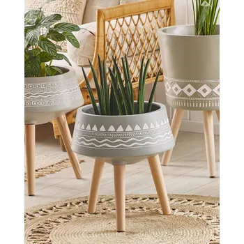 Květináč Květinová nádoba světle šedá ⌀ 31 cm z hořčíku s bílým ručně malovaným vzorem a 3 nohami z bukového dřeva.Kulatý boho exteriér i interiér Beliani