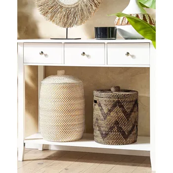 Úložný box Košík Přírodní ratan 30 cm Vysoký cik-cak vzor Domácí úložný koš s víkem Boho Rustikální dekorace Beliani