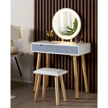 Ložnice Toaletní stolík se stoličkou bílý stolová deska ze zpracovaného dřeva dřevěné nohy LED zrcadlo 2 zásuvky úložný prostor Beliani