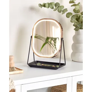 Zrcadlo Kosmetické LED zrcadlo černé a růžovozlaté kovové 20 x 22 cm stolové obojstranné zvětšovací sklo Beliani