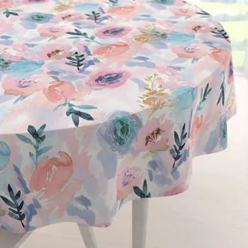 ubrus Sametový kulatý ubrus Tamara TMR-030 Růžovo-modré akvarelové květy Ø 50 cm