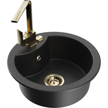 Granitový dřez Mexen Diego granitový dřez 1-komorový s kuchyňskou baterií Rita, černý/stříbrný metalik - 6512-73-670300-50 Granitové dřezy s baterií