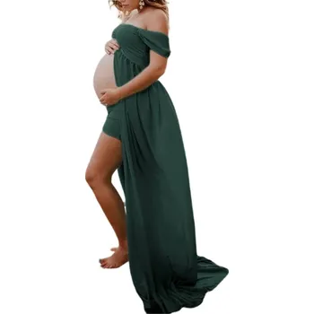 Dámské šaty Dlouhé šaty se spadlými rameny na těhotenské focení (10 barevných variant) Barva: zelená, Velikost: M
