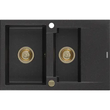 Granitový dřez Mexen Gaspar granitový dřez 1,5-komorový s odkapávačem 737 x 475 mm, černý/stříbrný metalik, zlatý sifon - 6507731505-73-G Granitové dřezy