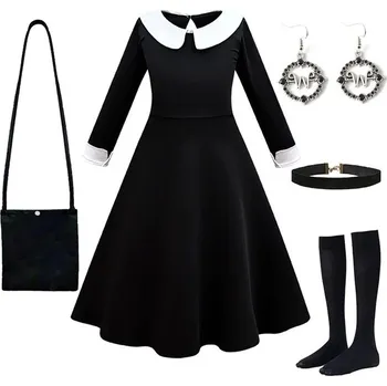 Karnevalový kostým Dětské černé šaty (kostým) Wednesday Addams s límečkem + doplňky Barva: set L, Velikost: 160