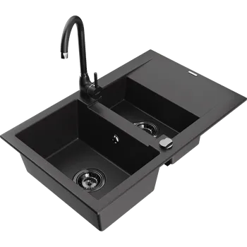 Granitový dřez Mexen Gaspar granitový dřez 1,5-komorový s odkapávačem a kuchyňskou baterií Telma, černý - 6507-77-670200-70-B Granitové dřezy s baterií