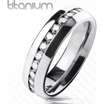 Prsten Prsten z titanu - stříbrná barva, řada čirých kulatých zirkonů, 6 mm - Velikost: 67