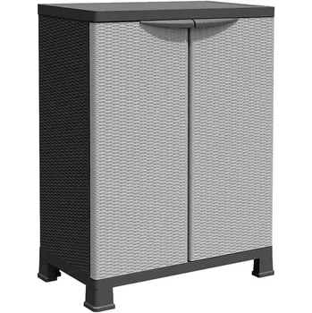 Zahradní skříň Plastová skříňka ratanový design 68 x 39 x 92 cm šedá