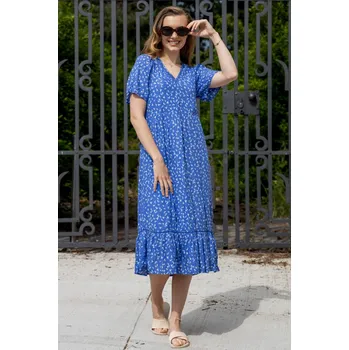 Dámské šaty Vero Moda dámské midi šaty s potiskem Tirza modré Velikost: XS