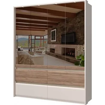 Šatní skříň Čtyřdveřová šatní skříň se zrcadly a LED osvětlením Artemisia - dub tobacco/béžová