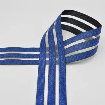 Textilní guma Transparentní pruženka, lurexové pruhy, 50mm - černá, modrý lurex