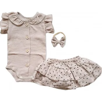 Kojenecká souprava Mušelínová sukničkokraťásky, bodýčko a čelenka, 3D sada, béžová/dots, Velikost koj. oblečení 56/62