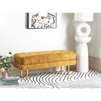 Taburet Lavice žlutá sametová čalouněná látka kovové zlaté nohy taburetka k posteli podnožka glamour styl ložnice Beliani