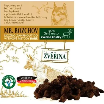 Pamlsek pro psa Mr. Rozchov 100% ČISTÉ SUŠENÉ ZVĚŘINOVÉ MASO KOSTKY - přírodní pamlsek-80g